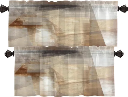 Vista 60 de Shrahala Beige and Orange Abstract Art Brushstrokes Blackout Curtain Tiers, Abstract Oil Paint Kitchen Valance Light Blocking Tier Drapes with Rod