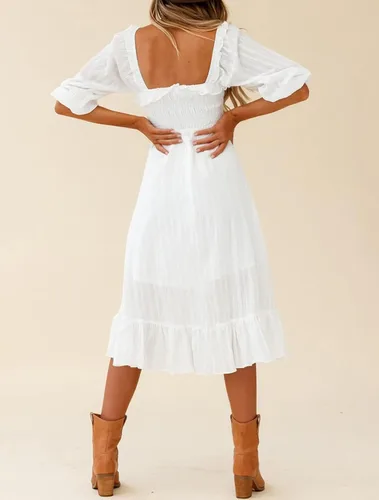 Vista 4 de R.Vivimos Women's Linen Fall Long Sleeves Stripes Ruffled Boho Casual A-Line Flowy Midi Dresses