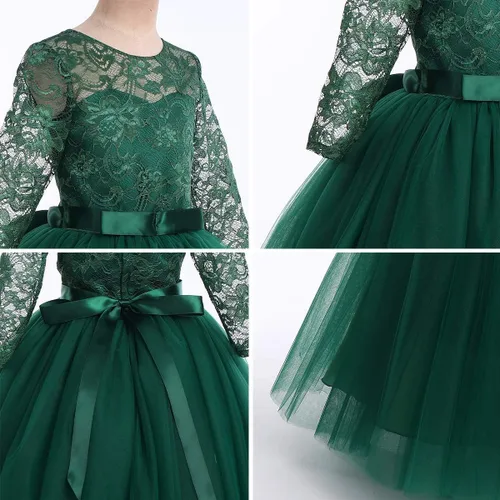 Vista 5 de Vestido largo de encaje para dama de honor con mangas 34, longitud hasta el suelo, boda, fiesta, noche, formal, pegeant maxi vestidos de tul