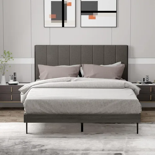 Vista 8 de Giantex Base de cama tapizada, soporte de listones de madera, base de colchón Queen con cabecera copetuda, cama de plataforma con patas de madera