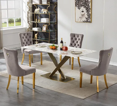 Vista 72 de Juego de 5 mesas de comedor, juego de mesa de cocina y comedor para 4, mesa de cocina rectangular de mármol sintético blanco de 47 pulgadas con base