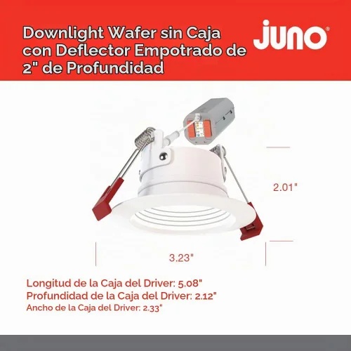 Vista 5 de Juno WF2 Dreg B ALO25 SWW5 90CRI 120 MW M6 Downlight LED Empotrado Wafer Sin Caja, Estilo de Moldura Deflectada con Retroceso Profundo, 2 Pulgadas
