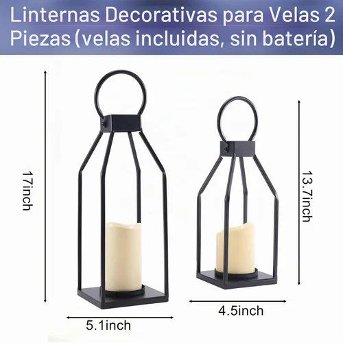 Vista 2 de PHOSPHOR Juego de 2 faroles modernos de metal negro para decoración de granja, faroles de interior y exterior con velas para sala de estar