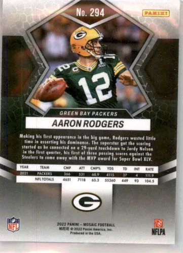 Vista 2 de 2022 Panini Mosaic #294 Aaron Rodgers Green Bay Packers Super Bowl MVPs Official NFL Football Card in Raw (NM or Better) Condition