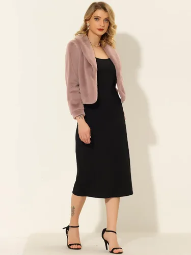 Vista 2 de Allegra K Chaqueta corta de invierno Fasion 2023 para mujer, con solapa y manga larga, abrigo esponjoso de piel sintética