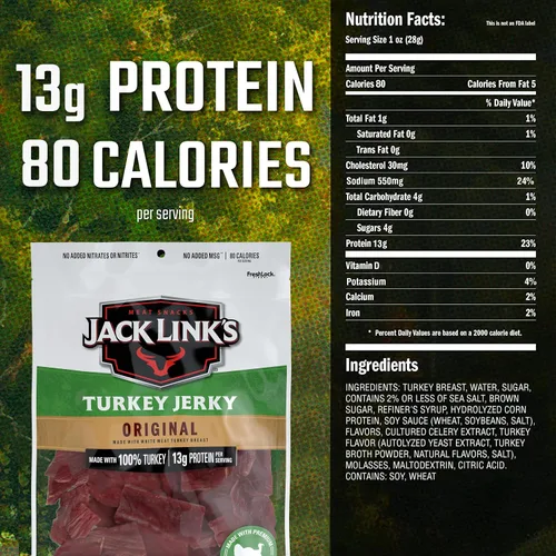 Vista 2 de Jack Link's Cecina de pavo, original, bolsa de carne seca – Bocadillo sabroso, bocadillos de proteína listos para comer con 0.46 oz de proteína por