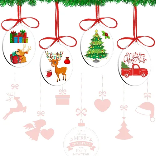 Vista 3 de 36 adornos acrílicos transparentes de plástico redondo para manualidades con cinta roja, decoración navideña para proyectos de arte, pintura
