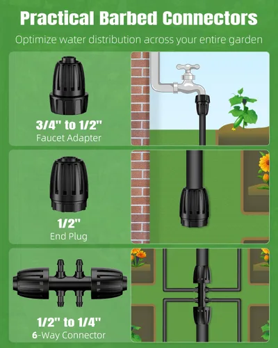Vista 5 de Pawfly Sistema de riego por goteo para jardín, kit de riego por goteo de 240 pies con tubería de 1/2" y 1/4", emisores ajustables, conectores