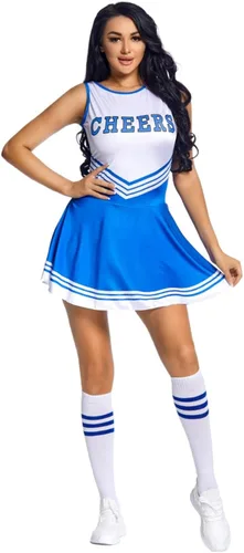 Vista 7 de Disfraz de animadora para mujer, disfraz de Halloween con pompones de animadora y calcetines altos a la rodilla, uniforme