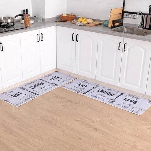Vista 8 de Carvapet Juego de 2 alfombras de cocina con respaldo antideslizante, tapete para cocina, corredor de entrada, diseño de lema, negruzco/gris oscuro