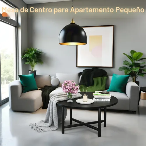 Vista 3 de Mesa de Café FAMIDGE, Mesas de Café de 23.6" para Sala de Estar, Mesa de Café Redonda con Marco de Metal, Mesa de Piso para Sentarse en el Suelo