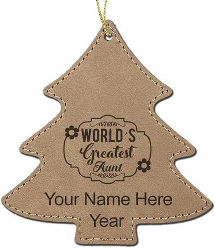 Vista 3 de LaserGram Adorno de Navidad personalizado, la tía más grande del mundo, piel sintética, idea de regalo grabada con láser personalizado