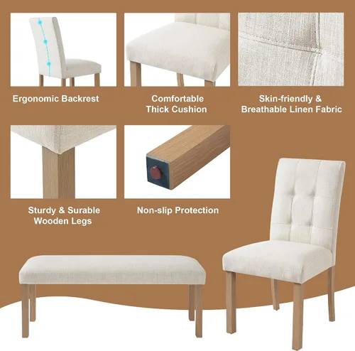 Vista 7 de P PURLOVE Juego de mesa de comedor de 6 piezas, mesa de cocina rectangular de madera con 4 sillas tapizadas, 1 banco para comedor y sala de estar