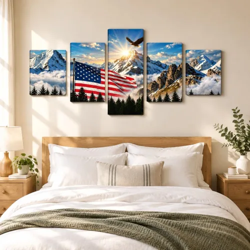 Vista 3 de 5 Pieces American Flag Wall Art Bald Eagle Mountain Patriotic Home Decor