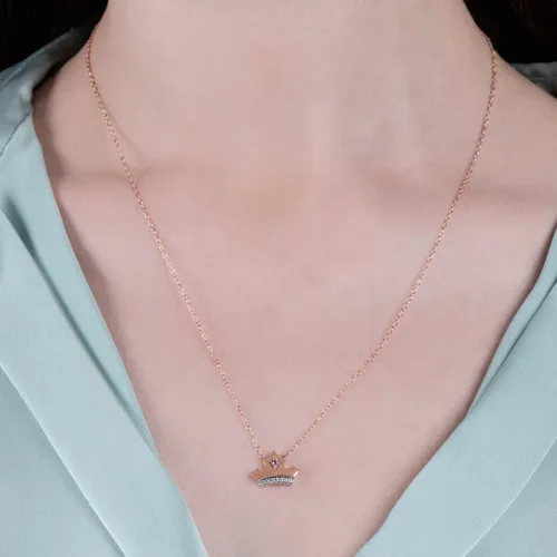 Vista 2 de Jewelili Enchanted Disney Fine Jewelry - Collar de oro rosa de 10 quilates con diamantes CTTW y topacio rosa aurora, Metal, diamante blanco