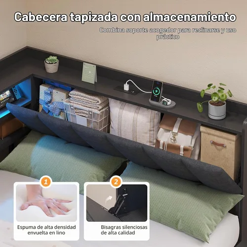 Vista 5 de Marco de cama matrimonial esquinero con 3 cajones, estantería y cabecero de Negro