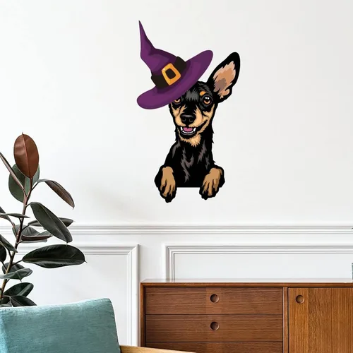 Vista 12 de Calcomanías de pared de Halloween con diseño de brujas, calcomanías de feliz Halloween, calcomanías de bienvenida para perro pug, decoración
