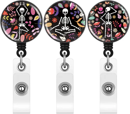 Vista 10 de Tenare 3 Piezas Carrete de Insignia Retráctil para Radiólogos Regalos del Día de los Muertos Portatarjetas de Radiólogo con Patrones de Huesos