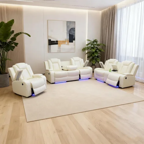 Vista 13 de Juego de sofá reclinable eléctrico para sala de estar, juego de sofá reclinable de cuero con luz LED, soporte para tazas, almacenamiento de consola