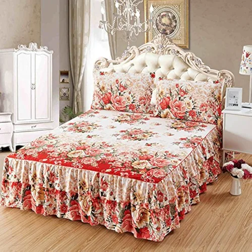 Vista 2 de Falda de sábana de cama con volantes de 2 capas, colcha de microfibra cepillada con 2 fundas de almohada, individual, rosa