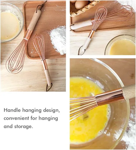 Vista 6 de Batidor de huevo Batidor HEITIGN Mango de madera Batidor de acero inoxidable Batidor de huevos, herramientas de cocina para mezclar oro rosa