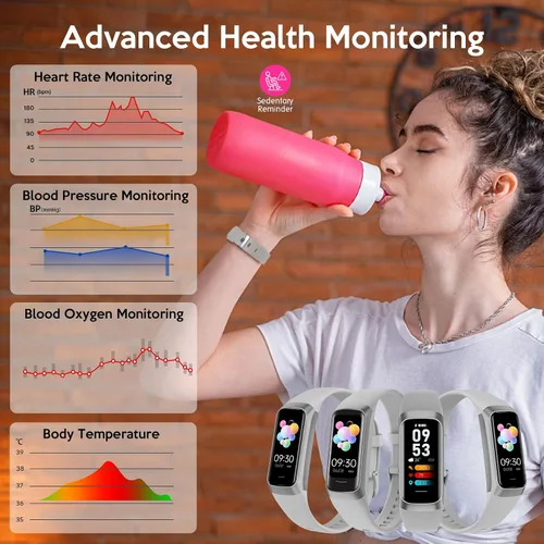 Vista 4 de Rastreador de actividad física para hombres y mujeres, reloj inteligente con presión arterial, frecuencia cardíaca, temperatura corporal y monitor