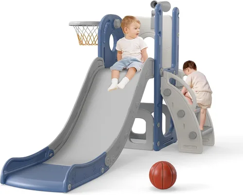 Vista 2 de kinbor Juego de tobogán 6 en 1 para niños pequeños - Diversión en interiores y exteriores para niños de 1 a 3 años, incluye aro de baloncesto