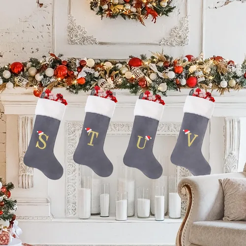 Vista 5 de Calcetines de Navidad bordados con letras de 20 pulgadas, terciopelo gris grueso con puño de felpa súper suave, decoración de festivales