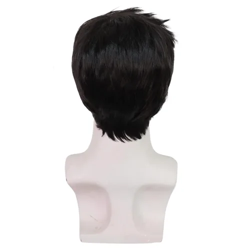Vista 5 de Peluca negra para hombre, corta, recta, negra, en capas, resistente al calor, reemplazo de pelo sintético Negro