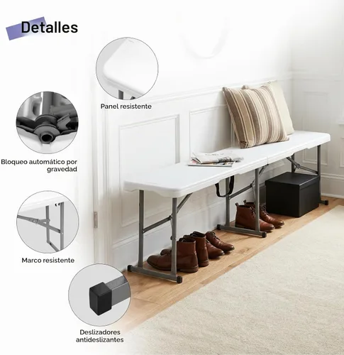 Vista 4 de Byliable Banco plegable de 6 pies, asiento plegable de plástico, portátil, plegable, para picnic, fiesta, camping, comedor, jardín blanco