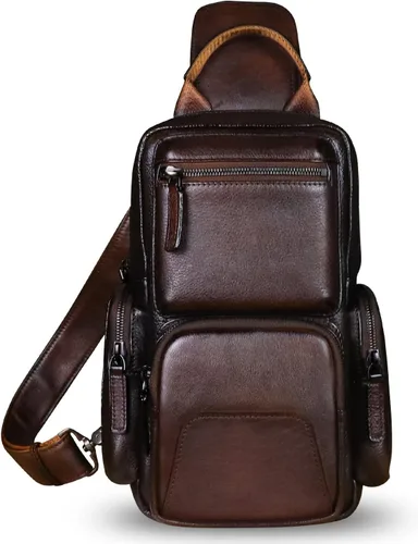 Vista 2 de IVTG Bolso de hombro de cuero genuino, mochila de viaje, mochila de senderismo, mochila casual, bolso de pecho vintage hecho a mano, mochila