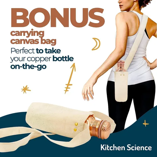 Vista 2 de Kitchen Science Botella de agua de cobre (1000ml/34oz) con una bolsa de transporte de lona Botella de cobre 100% pura para agua potable Botella