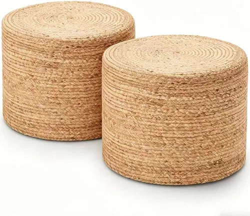 Vista 8 de Wimarsbon 2 puf otomanos, taburete de hierba marina natural, otomana redonda tejida a mano, asiento decorativo bohemio, puf trenzado de yute