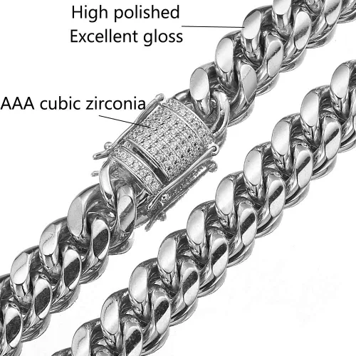 Vista 3 de Mens Miami Cuban Link Chain Whte-Tone 15mm Stainless Steel Curb Necklace Iced Cubia Zirconia Clasp A bit Low-key but classy HipHop Punk Rock
