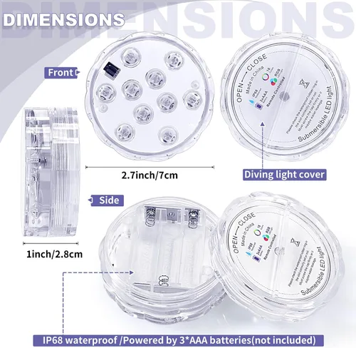 Vista 2 de Hortsun Paquete de 4 luces LED sumergibles con control remoto impermeable para piscina, luz LED subacuática que funciona con pilas, lámpara