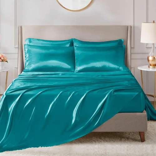 Vista 171 de Madison Park Essentials - Juego de sábanas de satén de lujo y sedoso con brillo natural, bolsillo elástico de 14 pulgadas para colchones de hasta 16