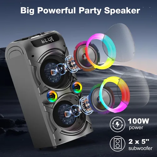 Vista 3 de Máquina de karaoke con 2 micrófonos inalámbricos, sistema de PA portátil, gran altavoz Bluetooth con luces LED, control remoto, compatible