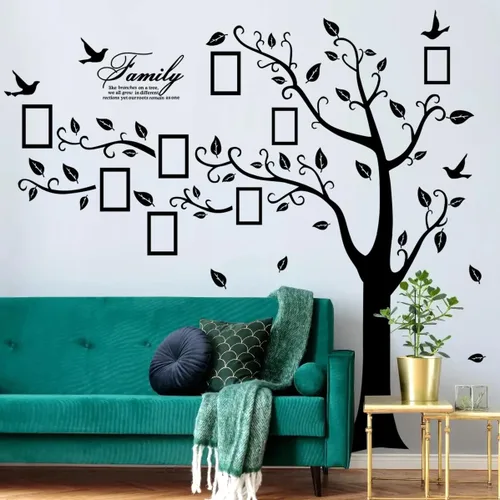 Vista 5 de Adhesivo de pared para árbol de fotos familiar grande, marco de fotos 3D, calcomanías de pared de árbol con citas extraíbles, hojas y pájaros, Negro