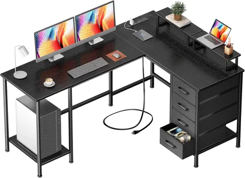 Vista 9 de Korfile - Escritorio para computadora en forma de L de 59 pulgadas con tomas de corriente, color negro