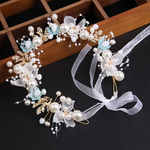 Vista 2 de Accesorios para el cabello de boda para niños, diadema de princesa, diadema de flores blancas, perla para niñas, linda banda para el pelo de boda