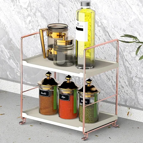 Vista 9 de Repisa de 2 niveles para especias de cocina - Estante organizador apilable independiente para encimera de baño - Soporte organizador de cosméticos