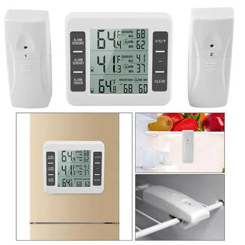 Vista 2 de Termómetro para nevera, termómetro digital para congelador, termómetro con 2 sensores y alarma acústica, congelador interior y exterior