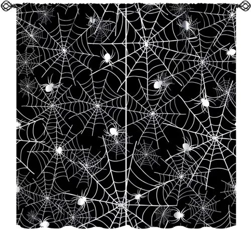 Vista 13 de JESTRONRY Cortinas de telaraña, telaraña espeluznante de Halloween, gótico, naranja, aterrador, tratamiento de ventana, cortinas opacas