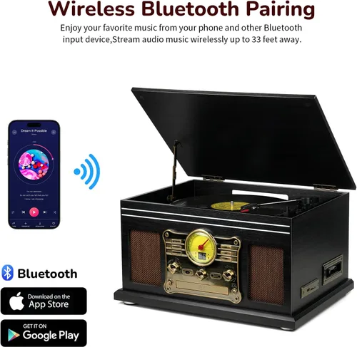 Vista 4 de FEKTIK - Tocadiscos Bluetooth 10 en 1, tocadiscos de 3 velocidades para vinilo con altavoces, convertidor LP a MP3, CD, reproductor de cassette Negro