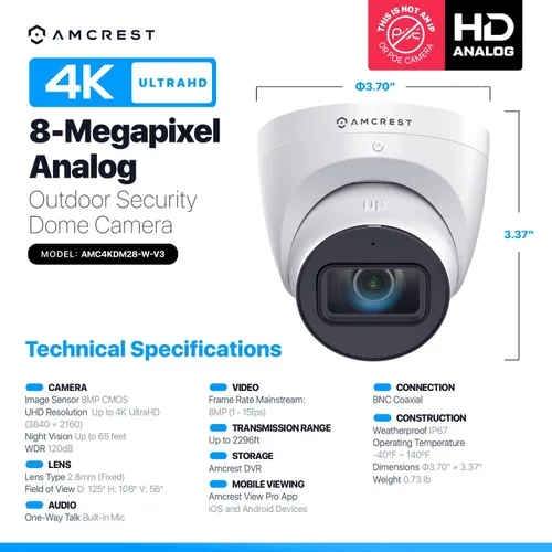Vista 7 de Amcrest Cámara de seguridad analógica 4K para exteriores, torreta 8MP @15fps CCTV-Coax-BNC, visión nocturna de 65 pies, ángulo de 125°, micrófono