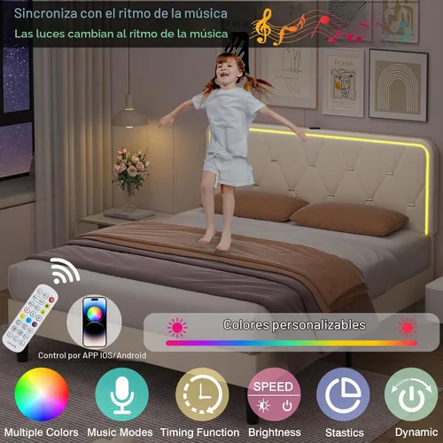 Vista 3 de VECELO - Base de cama tapizada tamaño Queen con cabecera ajustable, cama de plataforma de terciopelo con luces LED, estación de carga, base