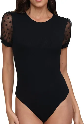 Vista 2 de Body de manga larga con cuello alto y lunares para mujer, de malla transparente