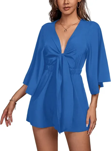 Vista 5 de LYANER Mono de mujer con cuello en V profundo, nudo de media manga