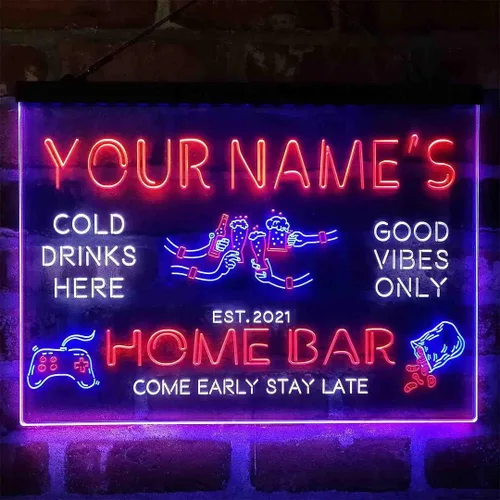 Vista 19 de Letrero de luz de neón LED tricolor para fiesta de cerveza, bar, personalizable, nombre, fecha, texto y cita, fuente verde y rojo y amarillo, 13 x