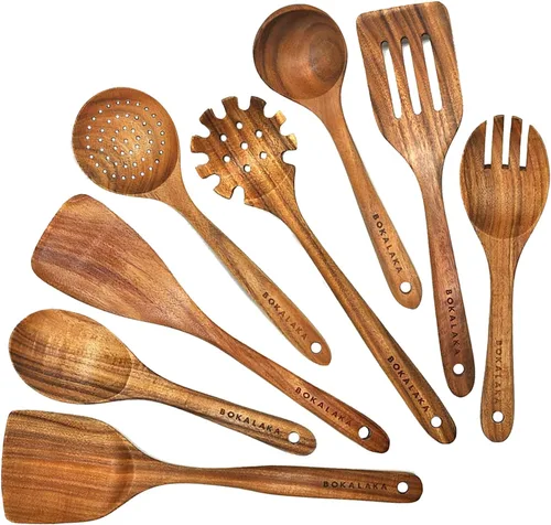 Vista 12 de Juego de utensilios de cocina de madera de teca, 7 piezas, utensilios de cocina de madera, incluye espátula